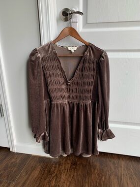 Umgee Velvet Smocked Peasant Blouse in Brown